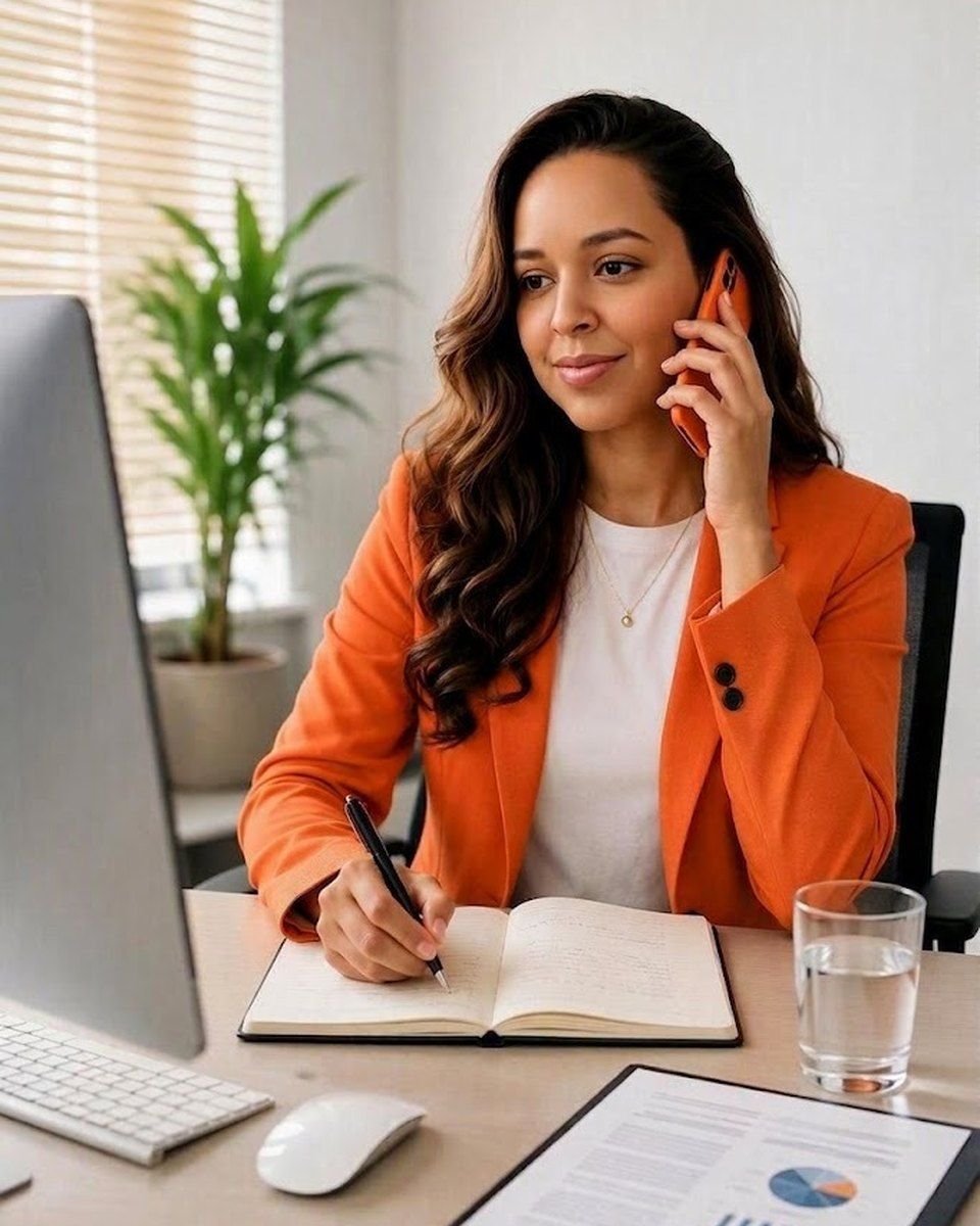 Contadora da Martcon ao telefone com um cliente, na mesa de trabalho